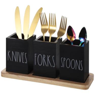 Imagem de Organizador de utensílios de madeira, preto, 3 compartimentos, suporte de colher de garfo, rack compacto de armazenamento de cozinha de talheres, suporte de mesa de design minimalista, economia de