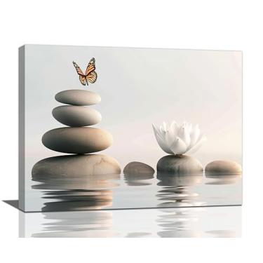 Imagem de Trimety Arte de parede Zen banheiro pedra borboleta lótus decoração de parede relaxar meditação lona pôster imagens sinal decorações de casa impressão espiritual pintura arte para ioga spa sala de