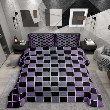 Imagem de Erosebridal Conjunto de edredom xadrez preto, roxo, cinza, ombré, para adultos, homens e mulheres, edredom de xadrez buffalo, 3 peças