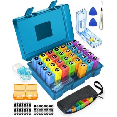 Imagem de Organizador mensal de comprimidos 2 vezes por dia, caixa de medicamentos FRIWOLE com bolsa de comprimidos semanal portátil, porta-chaves, cortador de comprimidos e 2 adesivos (azul, 2 vezes ao dia)