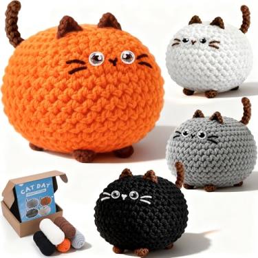 Imagem de Joyclub Kit de crochê de 4 peças para iniciantes e gatos de crochê para adultos com vídeo passo a passo Amigurumi Kawaii, kit de tricô de animais fofos, ótimos presentes para amantes de crochê
