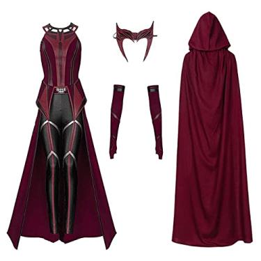 Imagem de Wanda Maximoff Costume Scarlet Wanda Witch Cosplay Outfit Jumpsuit Scarlet Scary Witch Headpiece Red Cloak 5 Pcs Wanda Outfit Costume Cosplay for Halloween Women Maximoff Costume with Headpiece