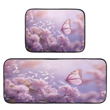 Imagem de Wassud Tapetes de cozinha com borboletas em flores, para decoração de casa, tapetes de cozinha acolchoados, antifadiga, tapetes de cozinha, antiderrapante, lavável, itens essenciais, conjunto de 2