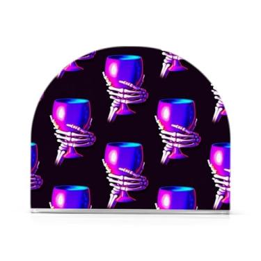 Imagem de xigua Mão de esqueleto segurando copo roxo suporte de guardanapo de acrílico, porta-guardanapos para mesas cozinha restaurante decoração de casa, suporte decorativo moderno para guardanapos de