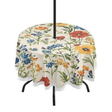 Imagem de CEBUGI Toalha de mesa redonda para uso externo, vintage, flores silvestres, impermeável, com furo Umberlla, capa de mesa lavável para pátio, cozinha, sala de jantar, 152 cm