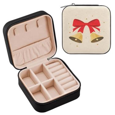 Imagem de Wassud Caixa de joias de viagem com sino de Natal com laço para mulheres, meninas, senhoras, noiva, mini organizador de joias de couro PU, caixa quadrada de armazenamento de joias para brincos, anéis