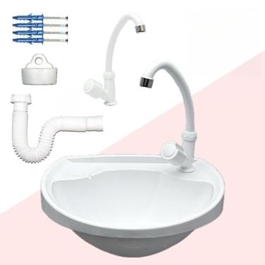 Imagem de Pia de Banheiro com Sifão e Ralo Lavatório Completo Antimanchas em Plástico Cuba para Banheiro com Kit de Instalação (4L BRANCO + TORN GIR BRA + SIF)