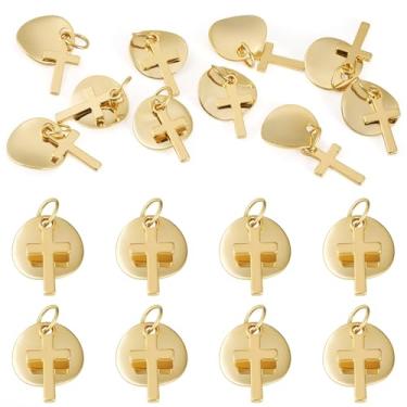 Imagem de Bestewelry Pingentes de crucifixo de Cristo com pingente de cruz dourada e redondo plano, 10 peças, pingentes de crucifixo de Cristo com anéis de salto de aço inoxidável 304 para colar e pulseira