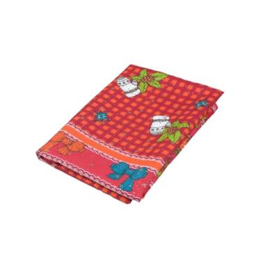 Imagem de Toalha de Mesa Natalina 4 Lugares, Tecido Oxford Maquinetado 100% Poliéster, Estampa Papai Noel e Árvore de Natal, Vermelho e Branco com Detalhes Dourados, Acabamento com Bainha (Estampa 3, 4 lugares)