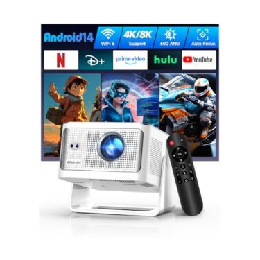 Imagem de Mini projetor Android 14 com suporte 4K 8K, projetor inteligente com Wi-Fi e Bluetooth, 600 ANSI, foco automático e pedra fundamental, prevenção de obstáculos, proyector de filmes portátil 1080p