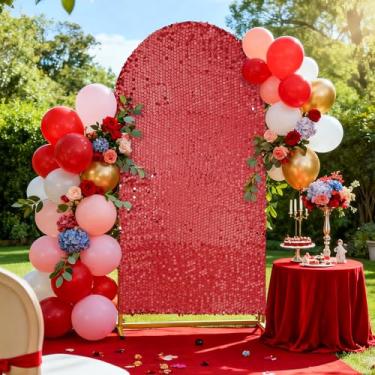 Imagem de Capas de arco de lantejoulas vermelhas de 1,8 m de elastano com elástico para decoração de festa e celebração de chá de bebê