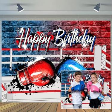 Imagem de Anel de boxe com pano de fundo de feliz aniversário, luvas azuis e vermelhas, grafite, tijolo, parede, fundo de fotografia, tema de boxe, aniversário, celebração, festa, decoração de estúdio, adereços
