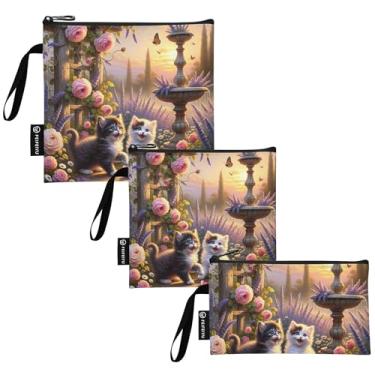 Imagem de TSENQUE Love Cute Cats Sacos reutilizáveis para sanduíche e lanche com zíper bolsa de almoço de segurança alimentar lavável para crianças e adultos (pacote com 3: P/M/G)