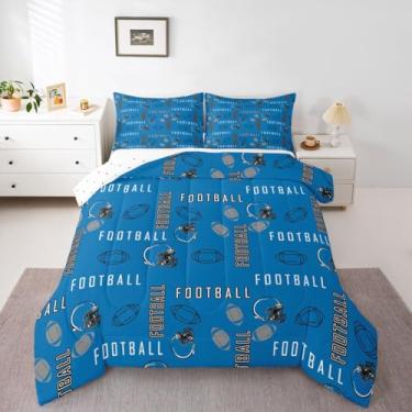Imagem de jejeloiu Conjunto de edredom de futebol americano, tamanho casal, Detroit, para crianças, meninos, meninas, futebol americano, cidade, azul, cinza, respirável, macio, leve, microfibra, rúgbi, esportes