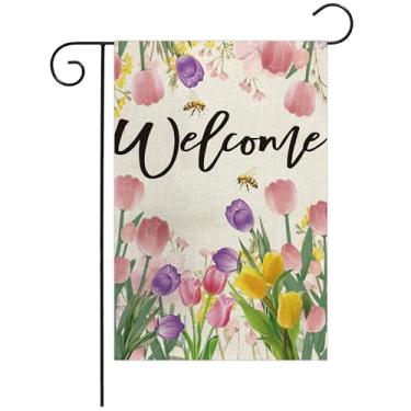 Imagem de Welcome Primavera Verão Jardim Bandeira Abelha Colorida Floral Jardim Bandeiras 30,5 x 45,7 cm Serapilheira Dupla Face Vertical para Férias Sazonais Quintal Decoração Externa