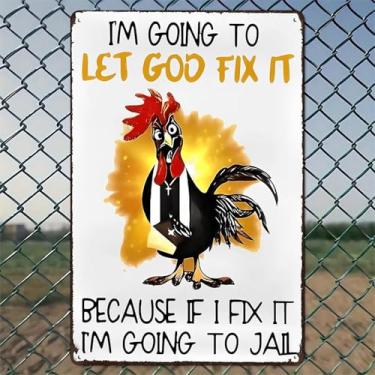 Imagem de Rooster Priest God Fix It Arte de parede de alumínio rústico e placa de metal - 20,3 x 30,5 cm decoração vintage para ambientes internos e externos para casa, escritório, café, quintal e jardim