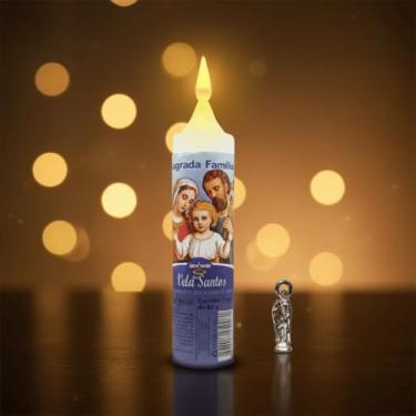 Imagem de Vela Encantada Sagrada Família, Branca, Parafina, 60g, 12,5cm Altura, com Medalha em Níquel