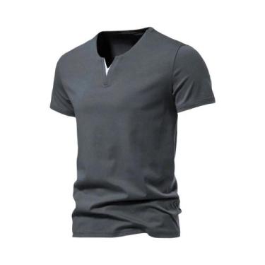 Imagem de Camisetas Casuais Masculinas Slim Fit Henley Com Decote Em V, Cores Só
