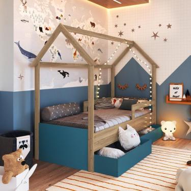 Imagem de Cama Infantil Montessoriana Casinha Solteiro Menino Menina Com Proteção Lateral E Gavetas Com Rodas Aveiro Com Azul