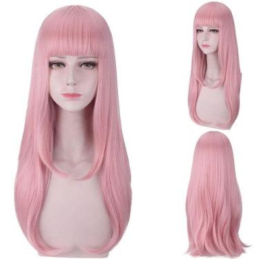 Imagem de Peruca de cosplay genérica de 55 cm de comprimento rosa reta com franj