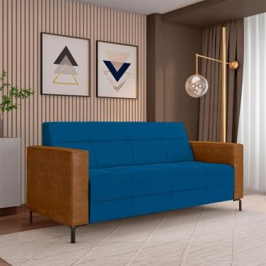 Imagem de Sofá Living Decorativo Houston 2 Lugares 200cm Pés em Metal Veludo/ PU Azul/ Caramelo G33 - Gran Belo