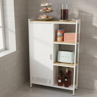 Imagem de Estante Armario Aco Bambu Cozinha 3 Prateleiras 107x72x36cm Branco