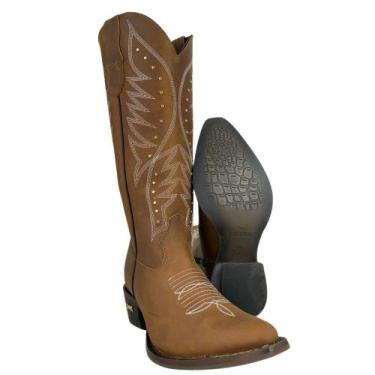 Imagem de Bota Texana Feminina Jácomo Bico Fino Couro Crazy Amendoa Cano Alto Bo