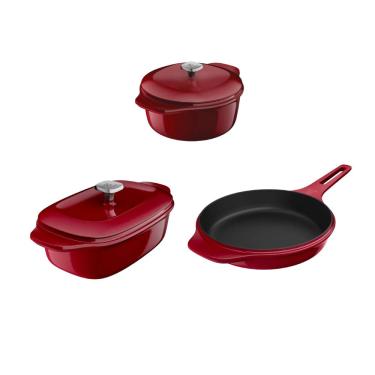 Imagem de Jogo de Panelas Ferro Fundido 3 Peças Electrolux Expert Indução Esmaltada Vermelha