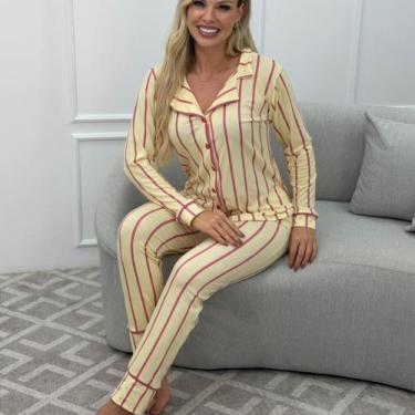 Imagem de Pijama Feminino Americano Longo Em Suede Estampado Listras - Moa Bonit