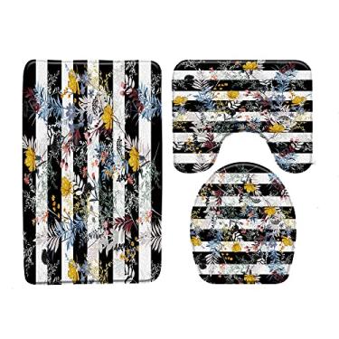 Imagem de Tapete de banho de flores e pássaros com fundo de listras pretas e brancas tapetes de banheiro conjunto de 3 peças tapete de banheiro carpete produtos de banheiro, 4937L,450MMx750MM