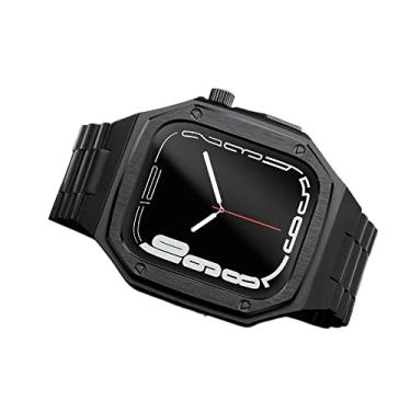 Imagem de KANUZ Mais nova caixa de relógio de aço inoxidável luxo 40 41 44 45mm capa para Apple watch 4 5 6 7 SE correspondência metal três contas pulseira pulseira (cor: preto, tamanho: 44 mm)