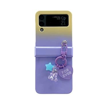 Imagem de Capa dobrável para Samsung Galaxy Z Flip 3 4 5G Hard PC à prova de choque com pingente de urso Gradiente Capa de proteção para celular, amarelo roxo, para Samsung Flip 3