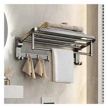Imagem de KIZQYN Prateleira de banheiro prateleira de banheiro toalheiro de alumínio prateleira de chuveiro montada na parede com barra de toalha e gancho de casaco, prateleiras de parede de banheiro cinza escuro (tamanho: L50cm)