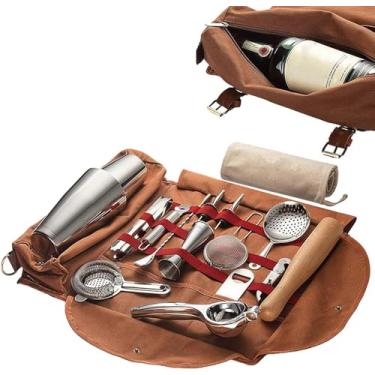 Imagem de Bolsa de kit de bartender, bolsa de barra portátil com alça de ombro para viagem e bolsa de barra de viagem com fivela de metal, conjunto de utensílios de bar fácil de transportar bolsa de rolo para c