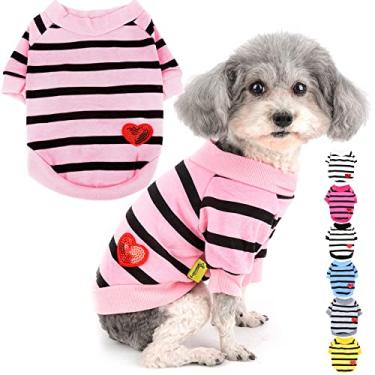 Imagem de Zunea Camisetas para cães pequenos verão camiseta básica listrada roupas de filhote de cachorro lantejoulas amor coração moletom algodão macio manga curta camiseta animal de estimação menina menino