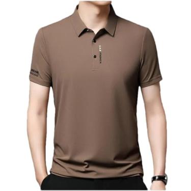 Imagem de Camiseta masculina estampada de verão para negócios, lazer, cor sólida, respirável, manga curta, lapela, Caqui, PP