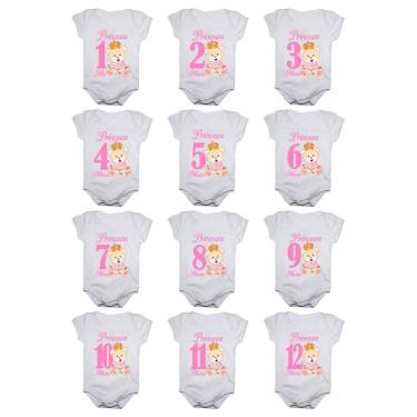 Imagem de Kit body de bebê mesversario manga curta ursinha princesa 12 bodies 1 a 12 meses