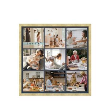 Imagem de Painel Multifotos 9 Fotos 15x15cm Moldura 50x50cm Porta Retrato p/Parede Decoração Pop Criativo Fundo Preto com Acetato (Carvalho)
