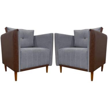 Imagem de Kit 2 Poltronas Decorativas Para Sala e Recepção Aviv Corino Terracota e Linho Premium Cinza