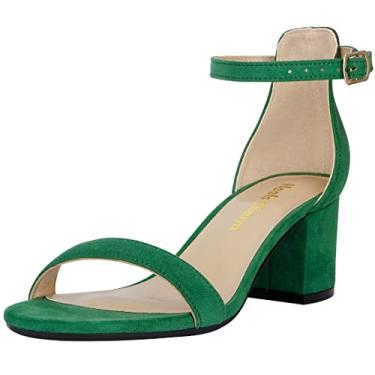 Imagem de Sandálias femininas de salto baixo com tiras grossas de salto baixo, bico aberto, tira no tornozelo, salto alto, sandálias sociais para uso diário, trabalho, festa, Verde-veludo - 5 cm, 35