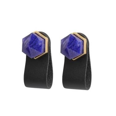 Imagem de Rockcloud Conjunto de 2 maçanetas hexagonais de cristal de fundição azul para armário para móveis com alças de couro preto