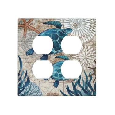Imagem de Nautical Beach Ocean Blue Turtle 2 Gang, capa dupla dupla para interruptores de luz, receptáculo, tomada de dispositivo, placa decorativa