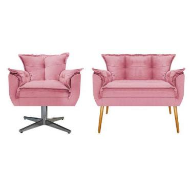Imagem de Kit Namoradeira e Poltrona Opala Base Giratória de Metal Suede Rosa Be