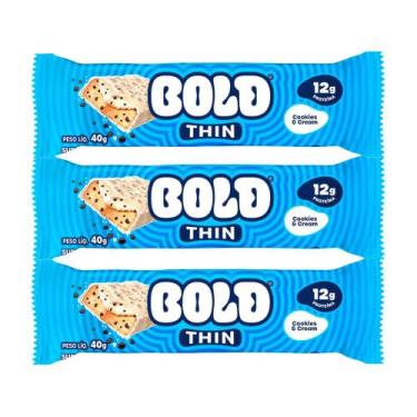 Imagem de Kit 3 Barra de Proteína Bold Thin Sabor Cookies & Cream com 12g de Pro