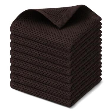 Imagem de Pano de prato Kitinjoy 100% algodão, kit com 8 unidades, tecido waffle, ultramacio e absorvente, secagem rápida, 30,5 x 30,5 cm, marrom-escuro