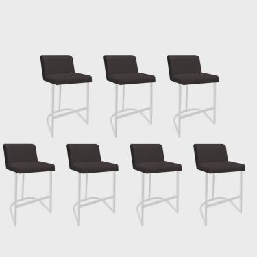 Imagem de Kit 07 Banquetas Com Encosto Noah Luxo Confort Bistrô Cozinha Ferro Branco Sintético Marrom - Ahz Móveis