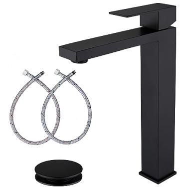 Imagem de AmirLans Torneira de pia de vaso preto fosco, torneira de banheiro alta de orifício único para pia de embarcação, torneira fosca preta de aço inoxidável com dreno pop-up e mangueira de suprimento, AML