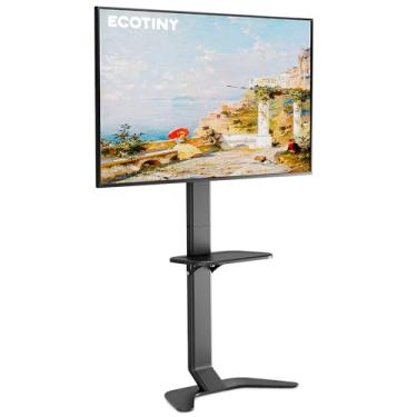 Imagem de ECOTINY Suporte ultrafino para TV de 37 a 86 polegadas, base curvada moderna sem perfuração com prateleira, altura e inclinação ajustáveis, design que economiza espaço com gerenciamento de cabos