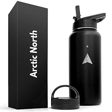 Imagem de Arctic North Garrafa esportiva (preto simples, 947 g / 0,6 litros) + 2 tampas - frio ou quente - boca larga - garrafa de água de parede dupla com canudo - aço inoxidável isolado a vácuo - garrafa de água - cantina térmica