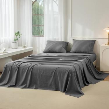 Imagem de JIYUAN Conjunto de lençóis 100% algodão lavado, 4 peças, confortável, estilo simples, macio, respirável, texturizado, durável, roupa de cama para todas as estações, tamanho casal, cinza escuro